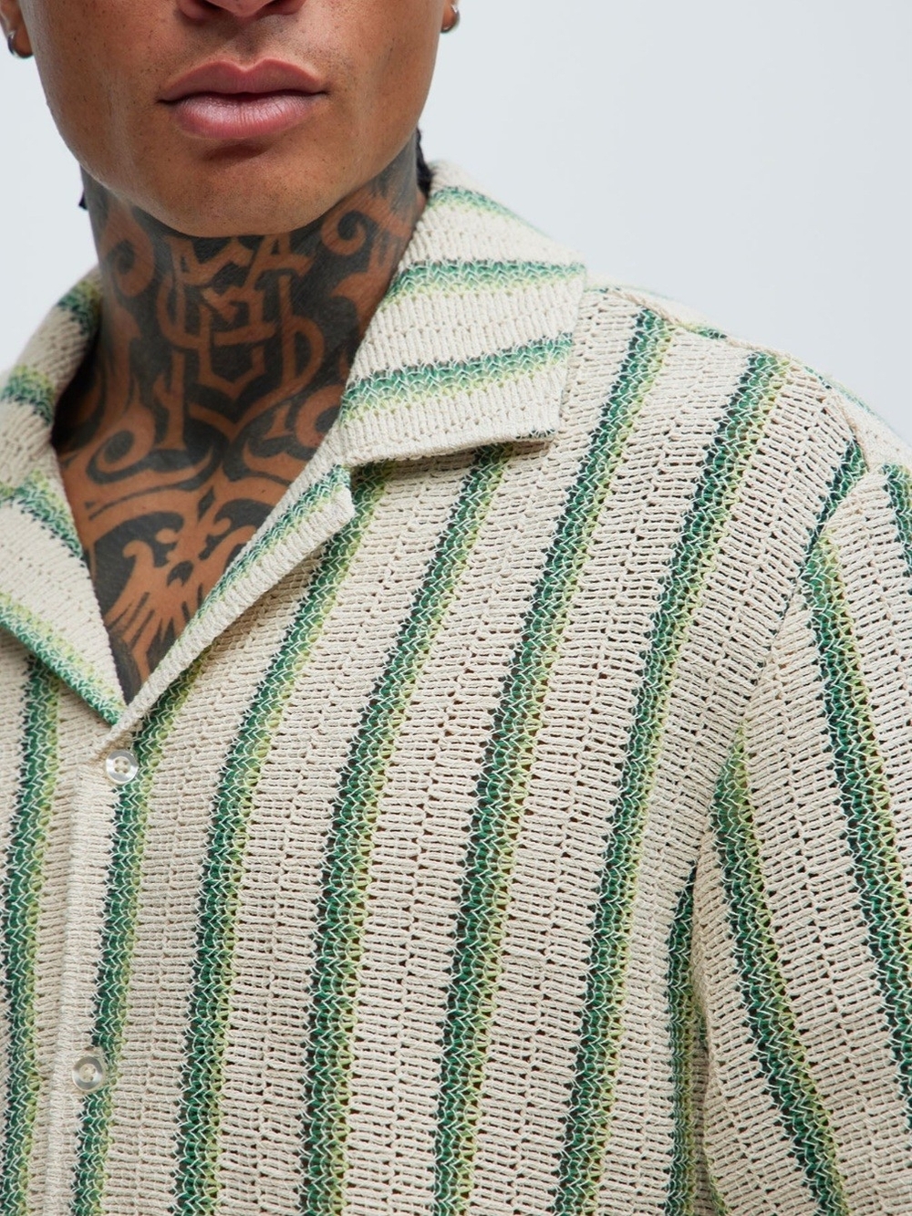 Forever 21 Cream and Green Striped Open-Knit Camp Shirt Jacket